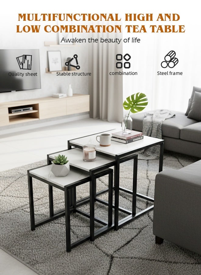 مساحة عمار طقم طاولات جانبية متداخلة من 3 قطع بسطح رخامي المظهر وإطار معدني أسود، طاولة قهوة متعددة الاستخدامات لغرفة المعيشة أو الأريكة أو غرفة النوم، تصميم موفر للمساحة - Image 5